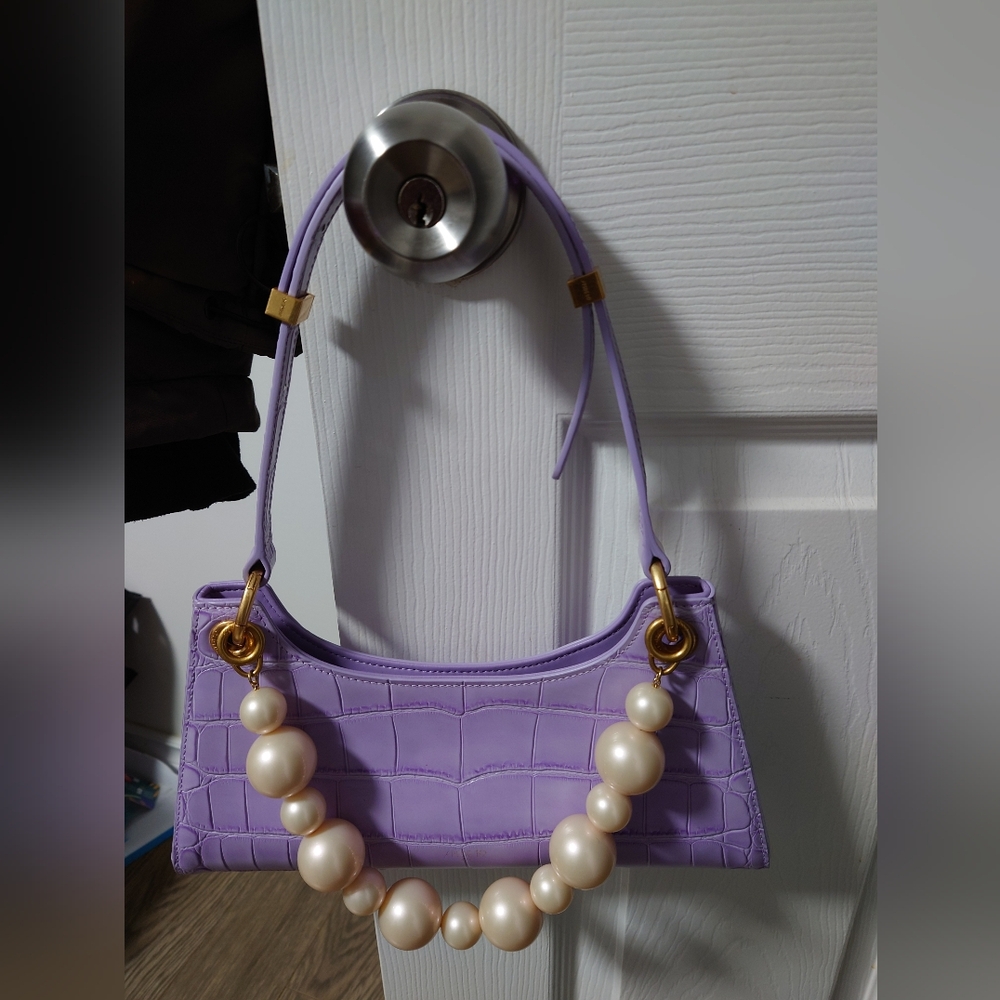 Apede Mod Lavender Croc-Embossed Shoulder Bag with Pearl Detail